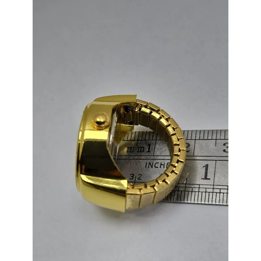 Bozhi Gold Tone Quartz Ring Watch Black Dial Adjustable Finger Retro New Battery